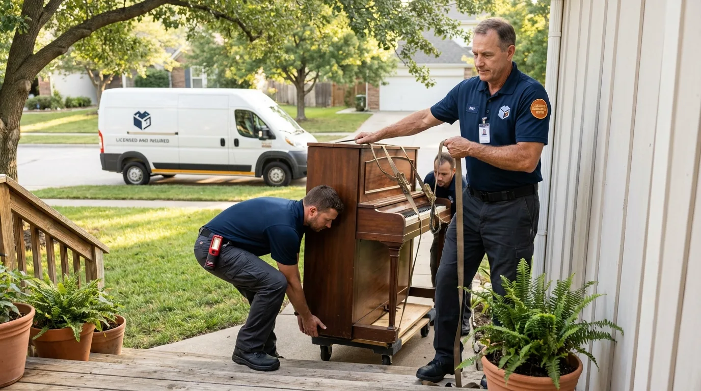 Licensed piano movers securing grand piano in Salisbury, NC